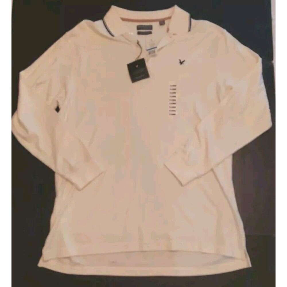 Lyle And Scott Long Sleeve Cream Polo XL Striped Collar Chest Logo 100% Cotton